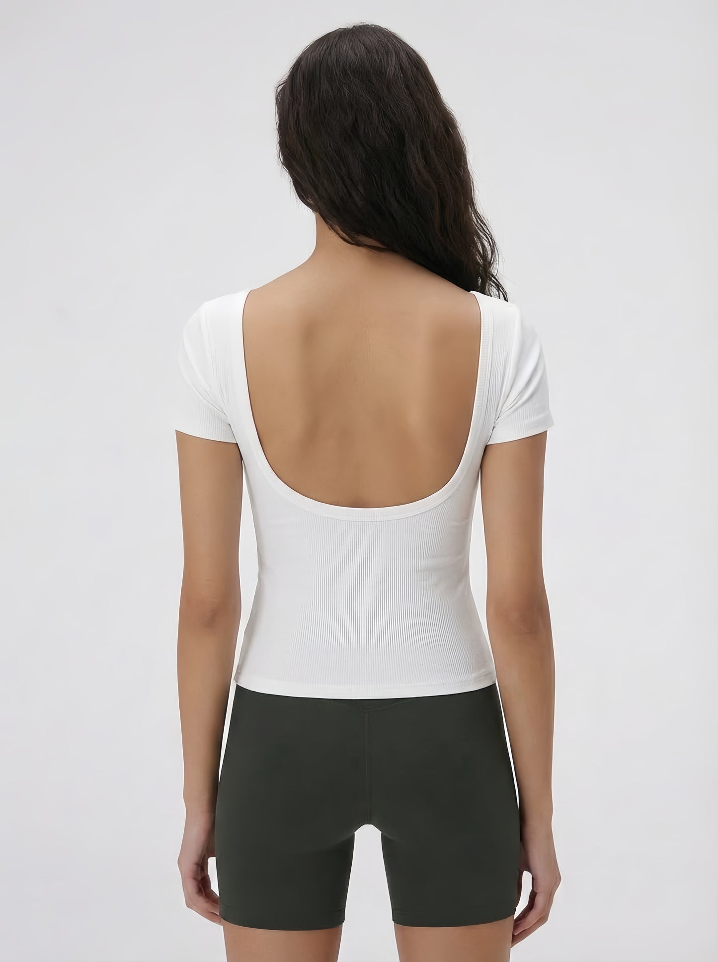 Soft Ribbed U-Neck Backless Built-in Cup Short Sleeve Top [Fixed Pads]