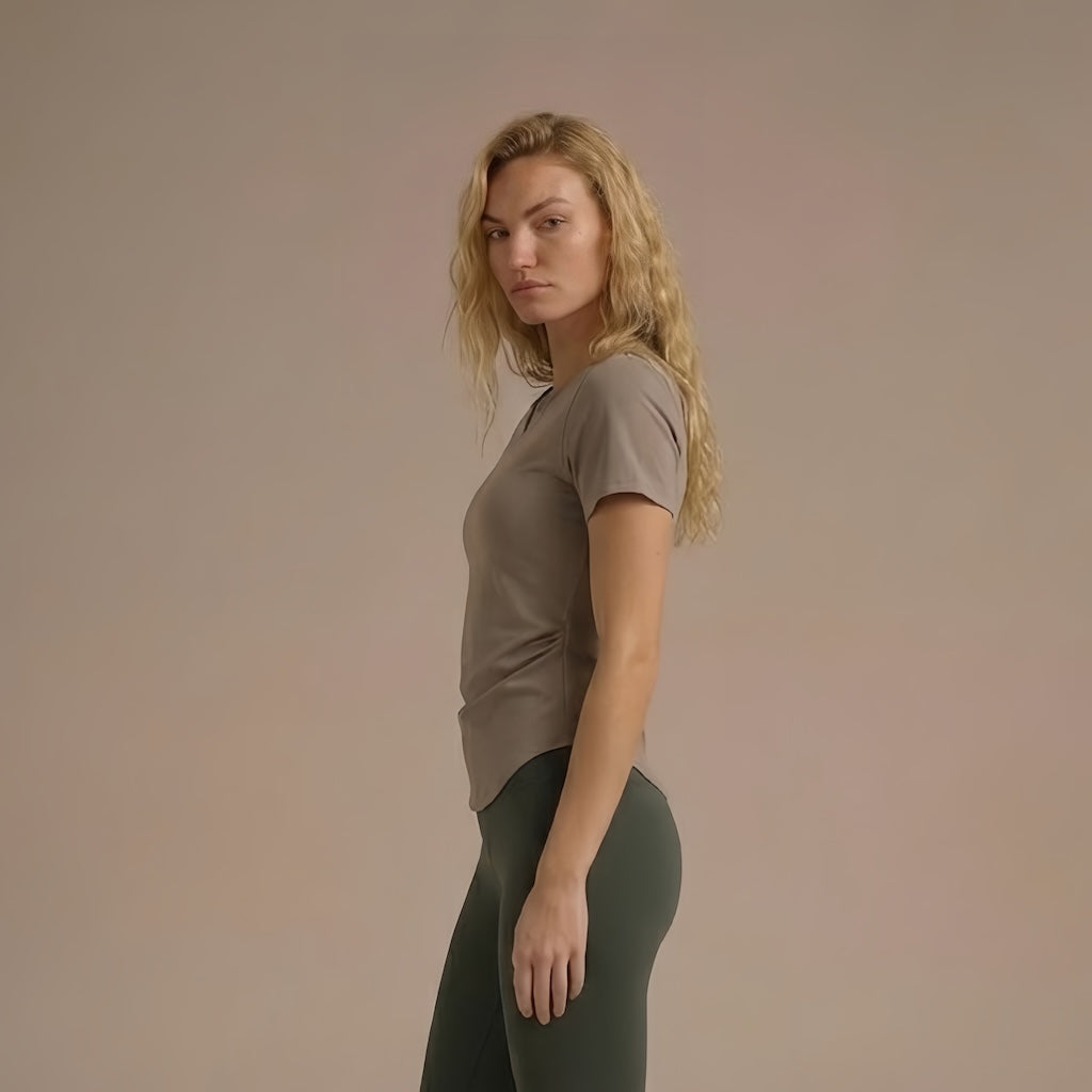 AirLite Shirring Slim Fit Built-in Bra Short Sleeve Top (Removable Pads)