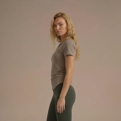 AirLite Shirring Slim Fit Built-in Bra Short Sleeve Top (Removable Pads)