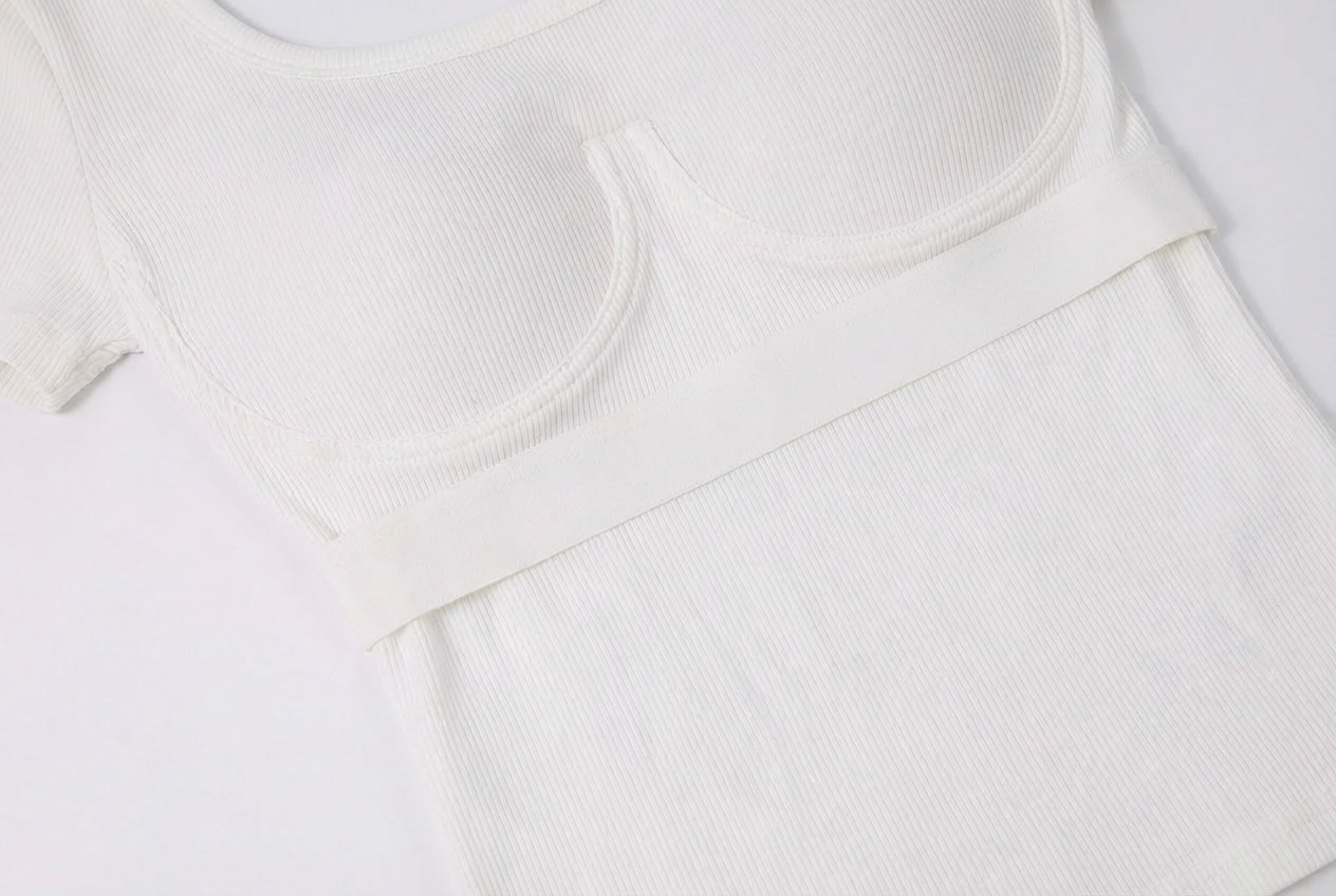 Soft Ribbed U-Neck Backless Built-in Cup Short Sleeve Top [Fixed Pads]