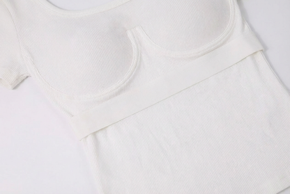 Soft Ribbed U-Neck Backless Built-in Cup Short Sleeve Top [Fixed Pads]