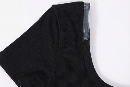 Soft Ribbed U-Neck Backless Built-in Cup Short Sleeve Top [Fixed Pads]