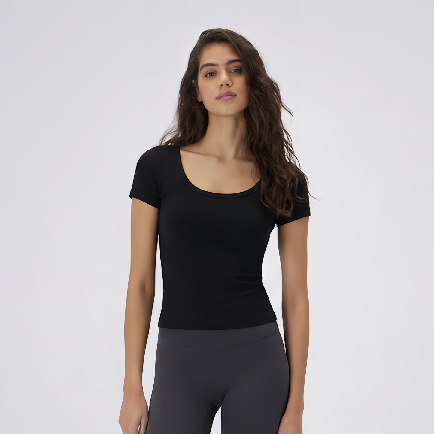 Soft Ribbed U-Neck Backless Built-in Cup Short Sleeve Top [Fixed Pads]
