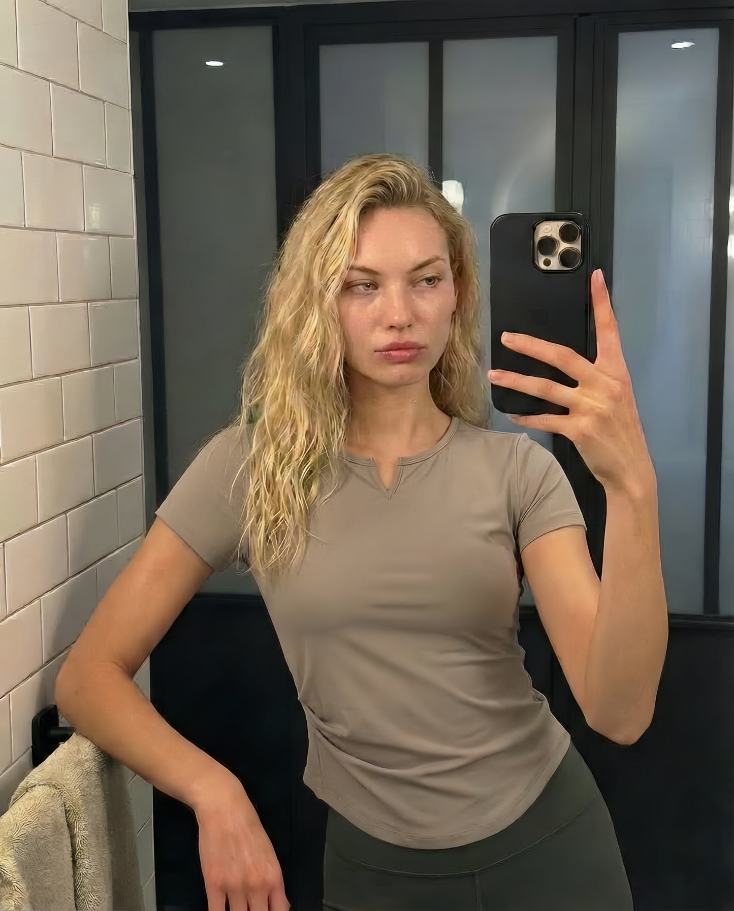 AirLite Shirring Slim Fit Built-in Bra Short Sleeve Top (Removable Pads)