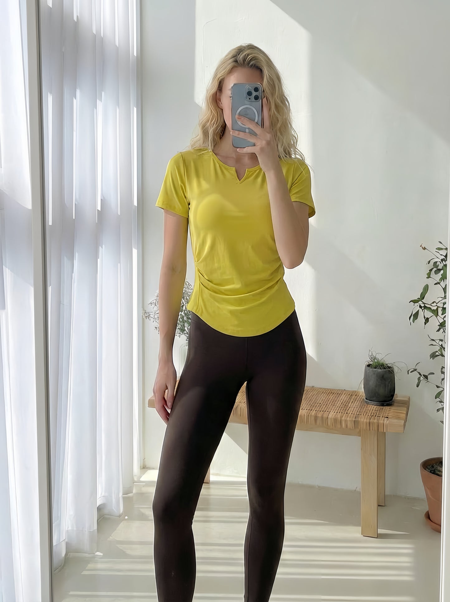 AirLite Shirring Slim Fit Built-in Bra Short Sleeve Top (Removable Pads)