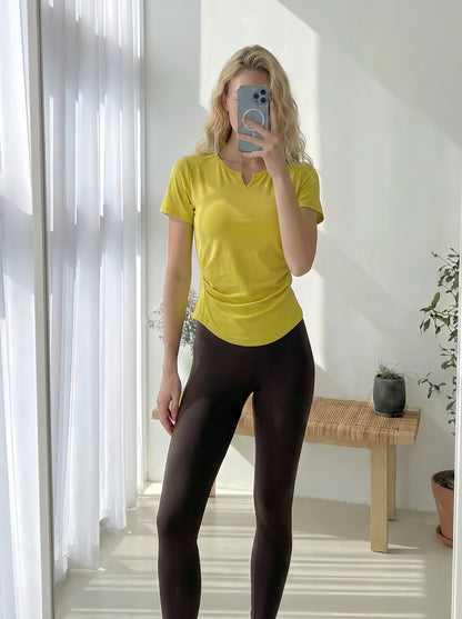 AirLite Shirring Slim Fit Built-in Bra Short Sleeve Top (Removable Pads)