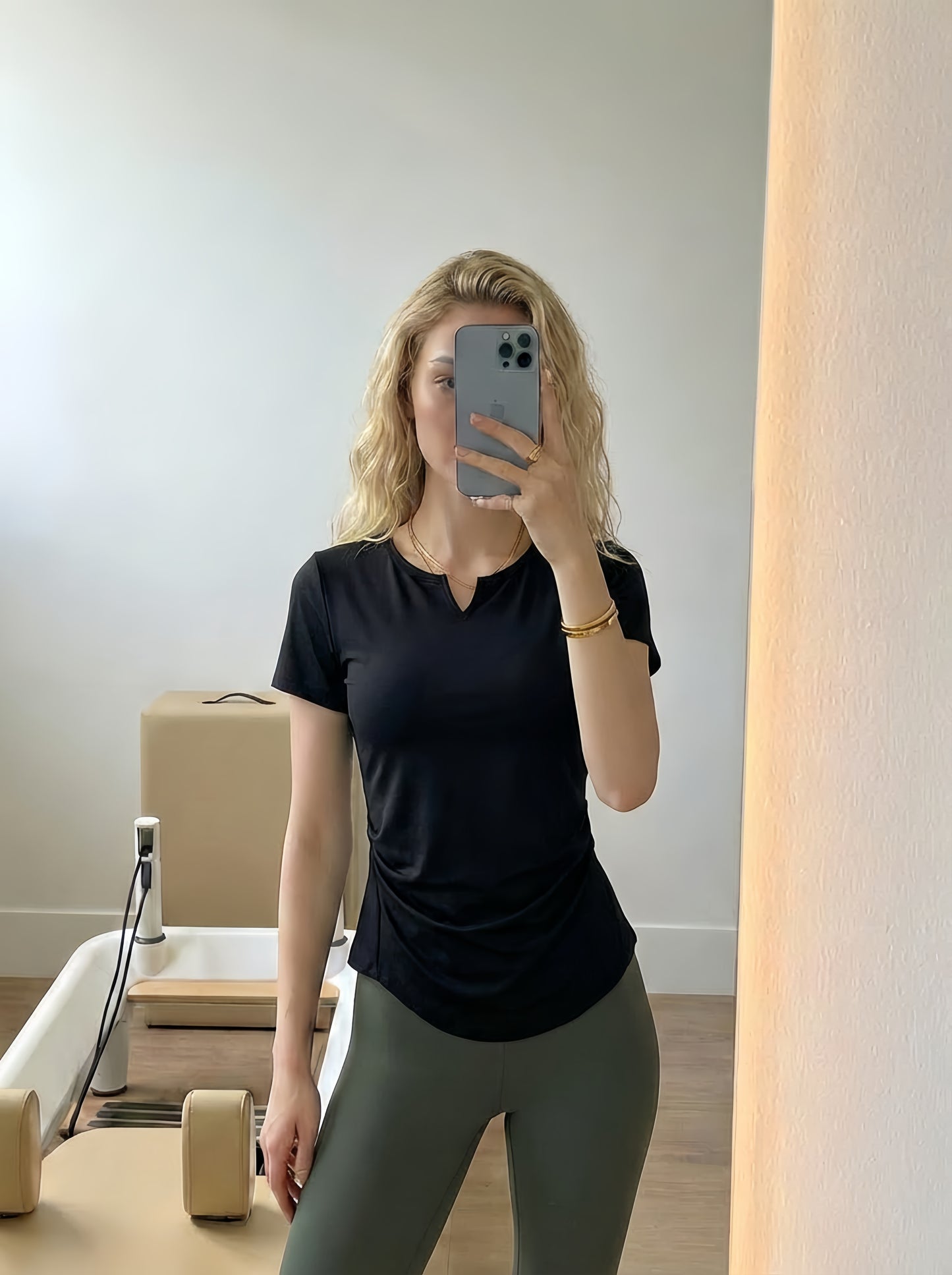 AirLite Shirring Slim Fit Built-in Bra Short Sleeve Top (Removable Pads)