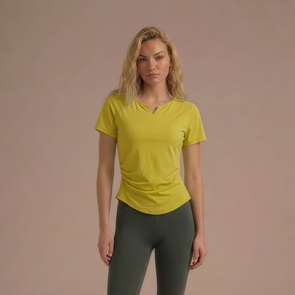 AirLite Shirring Slim Fit Built-in Bra Short Sleeve Top (Removable Pads)