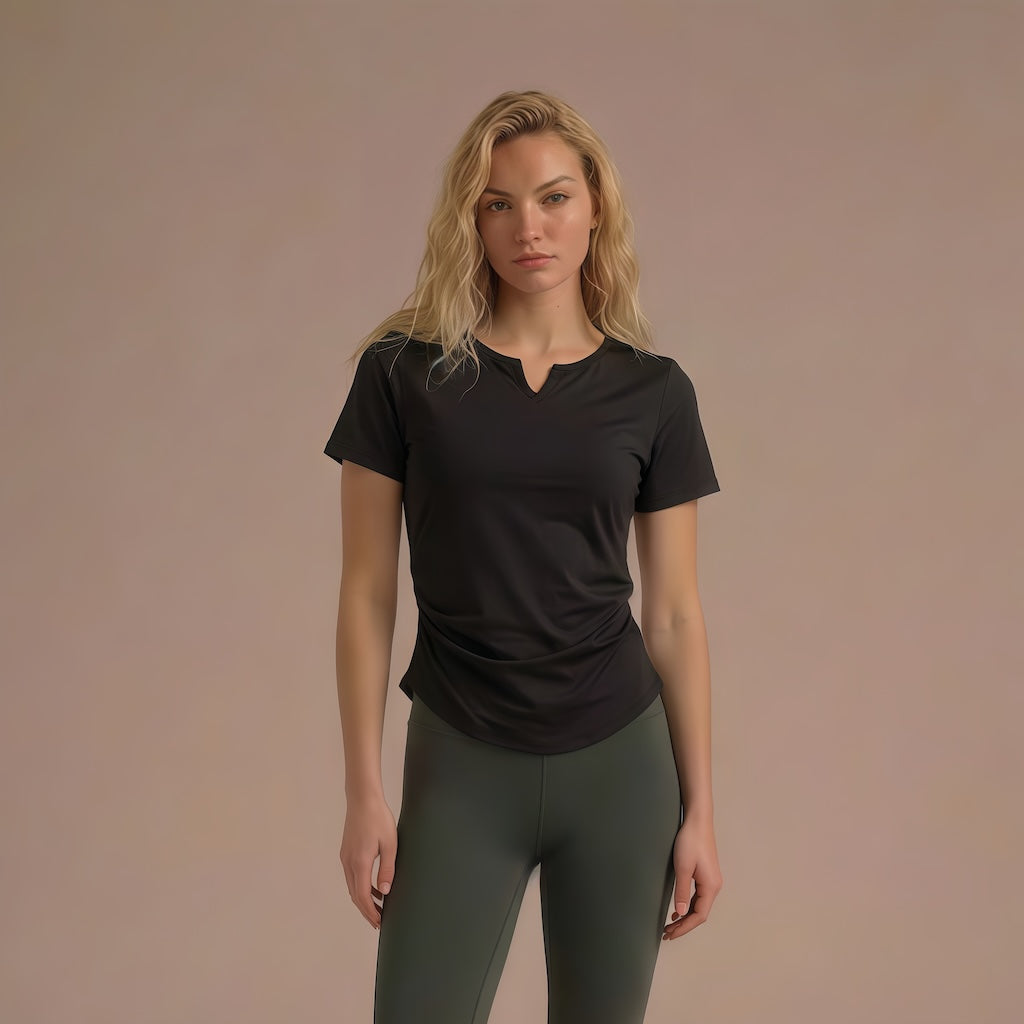 AirLite Shirring Slim Fit Built-in Bra Short Sleeve Top (Removable Pads)