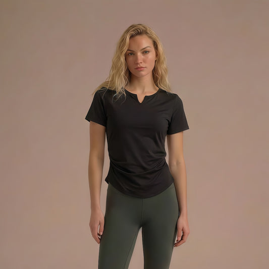 AirLite Shirring Slim Fit Built-in Bra Short Sleeve Top (Removable Pads)