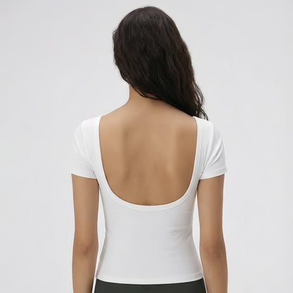 Soft Ribbed U-Neck Backless Built-in Cup Short Sleeve Top [Fixed Pads]